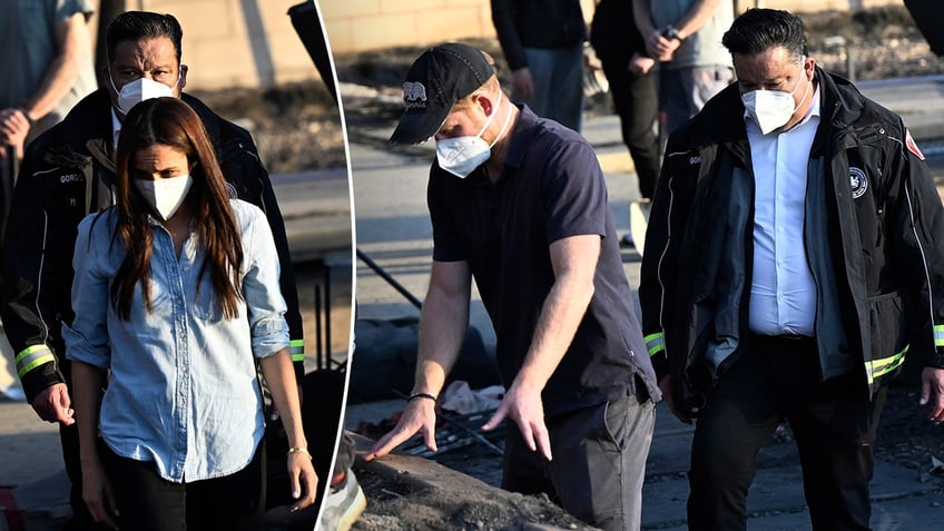 Meghan Markle in a blue shirt walks with a white mask on and blue shirt split Prince Harry in a baseball hat and polo shirt and mask puts his hands on property