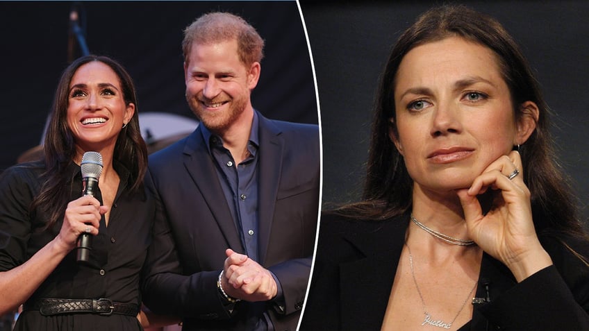 Prince Harry and Meghan Markle side-by-side with Justine Bateman