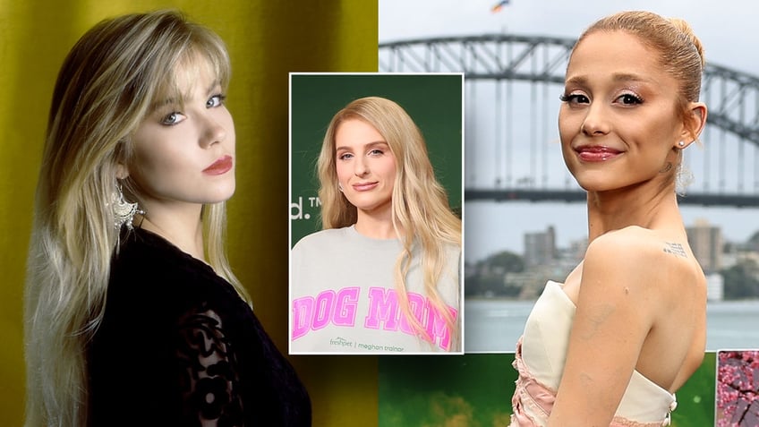 A split image of Christina Applegate, Meghan Trainor and Ariana Grande