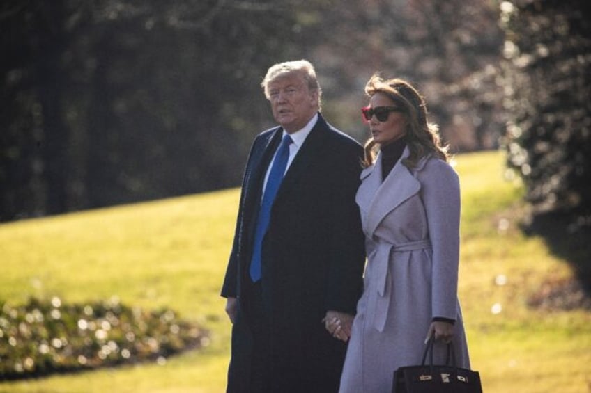 Donald Trump and Melania Trump walk across the South Lawn at the White House in January 20