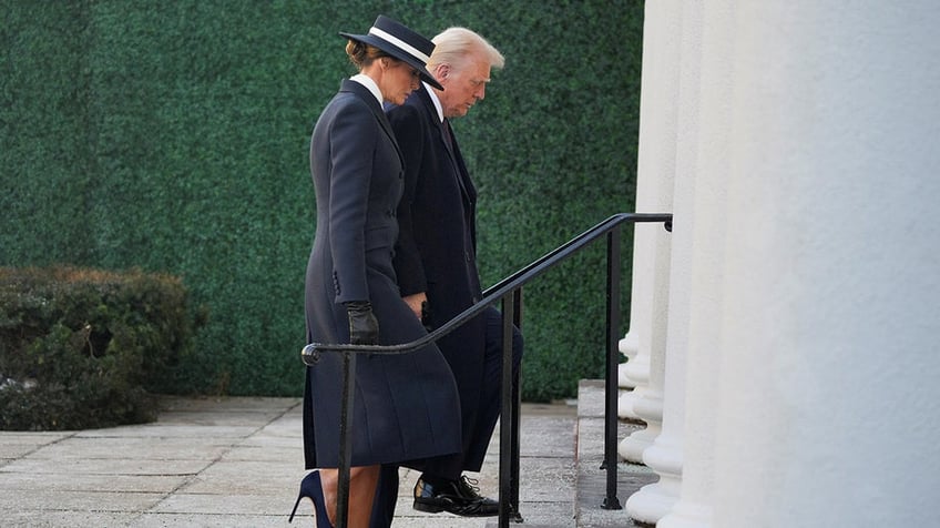 U.S. President-elect Donald Trump and his wife Melania Trump arrive for a service at St. John's Church on Inauguration Day of Donald Trump's second presidential term