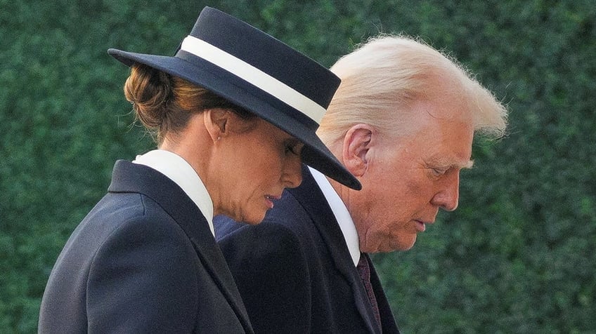 U.S. President-elect Donald Trump and his wife Melania Trump arrive for a service at St. John's Church on Inauguration Day of Donald Trump's second presidential term