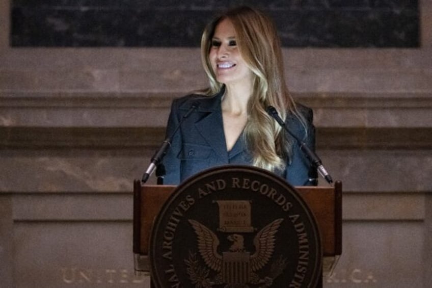 Former US first lady Melania Trump speaks during a naturalization ceremony at the National Archives building in Washington on December 15, 2023