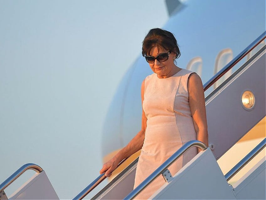 Amalija Knavs, the mother of US First Lady Melania Trump, steps off Air Force One upon arrival at Andrews Air Force Base in Maryland, on June 11, 2017. - Knavs arrived in Washington with US President Donald Trump who spent the weekend at his Bedminster, New Jersey golf club. (Photo …