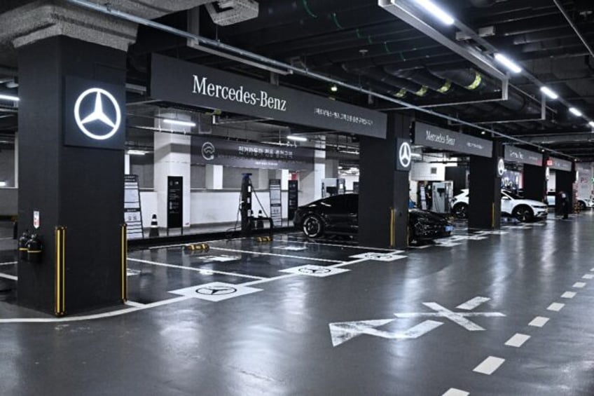 A Mercedes electric car charging station at a parking lot in Seoul. Mercedes-Benz Korea ha