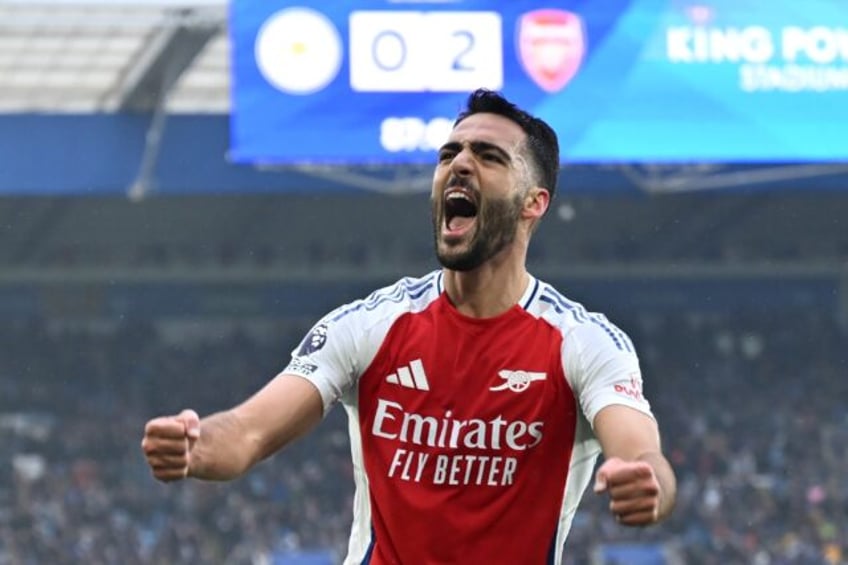 Arsenal's Mikel Merino celebrates after scoring against Leicester