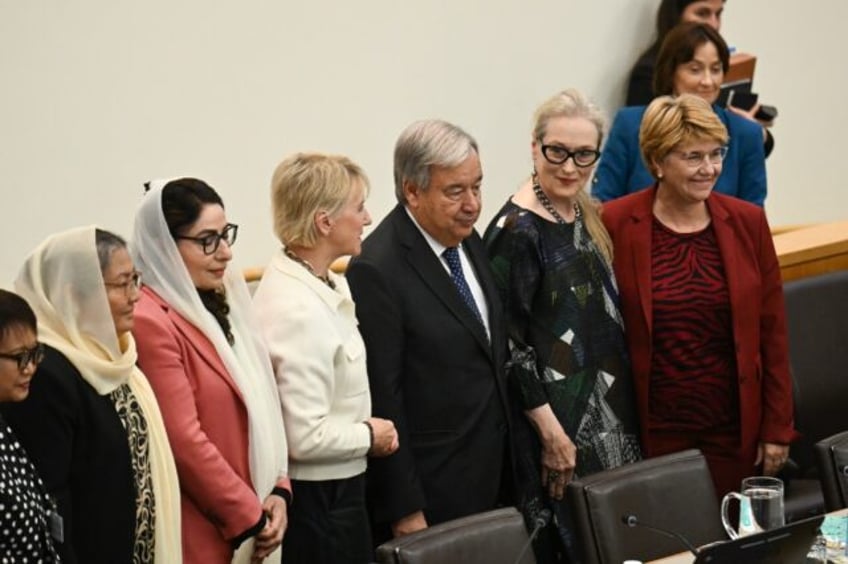 American actor Meryl Streep (2nd from R) stands next to UN Secretary-General Antonio Guter