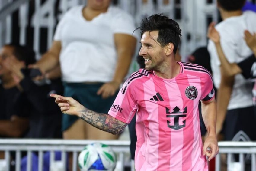 Lionel Messi celebrates scoring his second goal in Inter Miami's 4-2 MLS triumph over visi