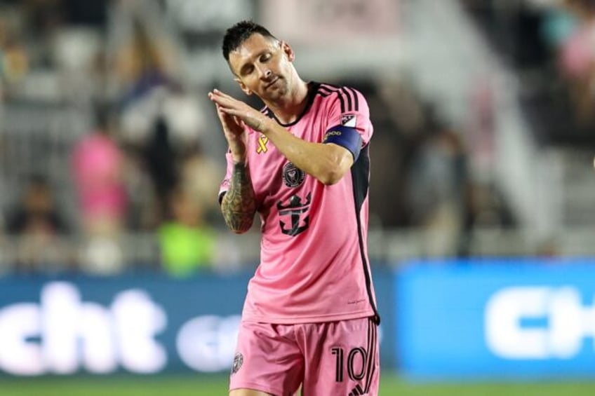 Lionel Messi celebrates his first goal in his return from injury for Inter Miami