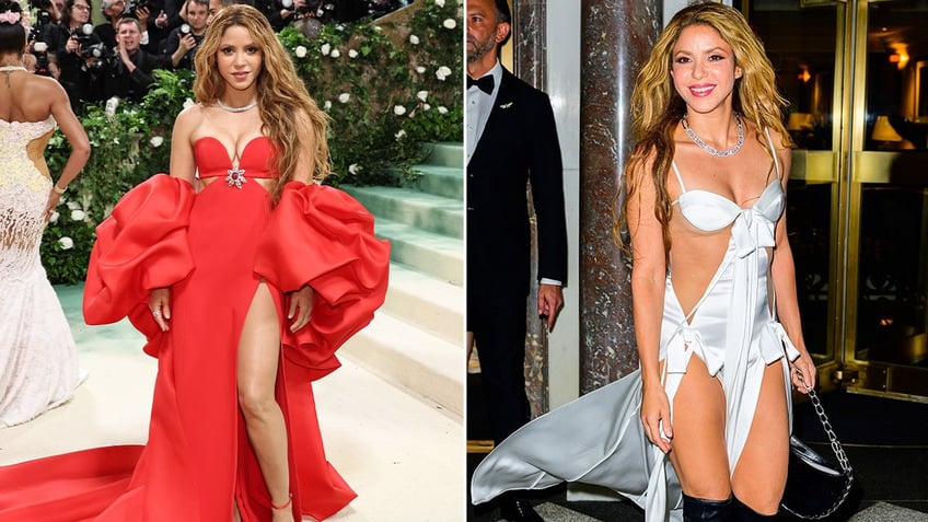 Side by side photos of Shakira at the Met Gala and an after party