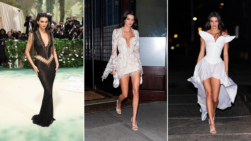Side by side photos of Kendall Jenner in black gown, white mini dress, and white dress with wings
