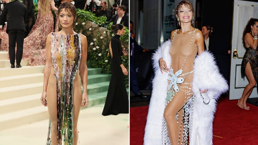 Side by side photos Rita Ora at the Met Gala and at a Met Gala after party