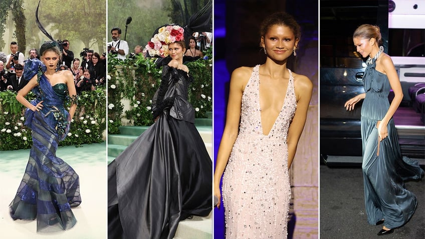 Four side by side photos of Zendaya's red carpet looks