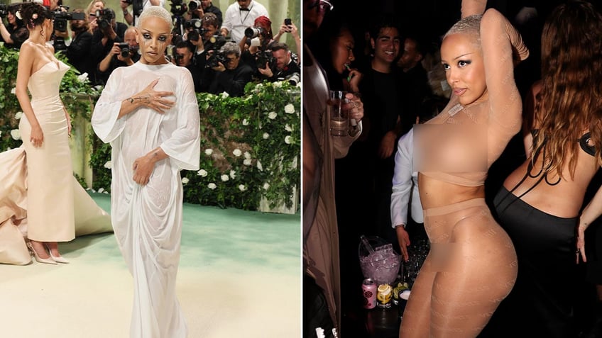 Side by side photos of Doja Cat at Met Gala and nearly naked at an after party
