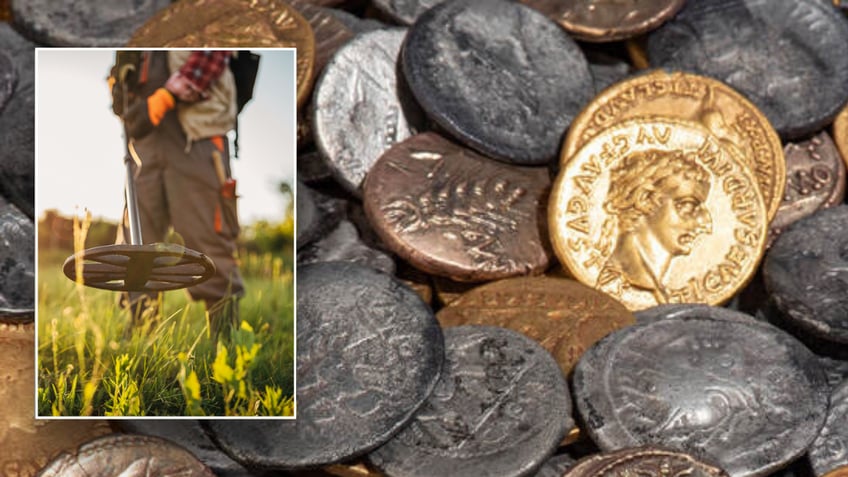 Metal detectorist next to silver coins