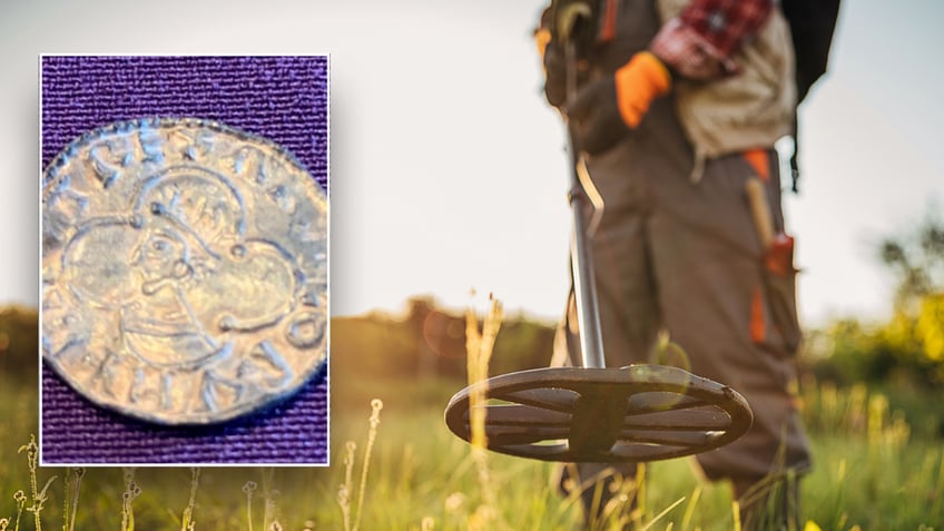 Split image of metal detectorist, coin