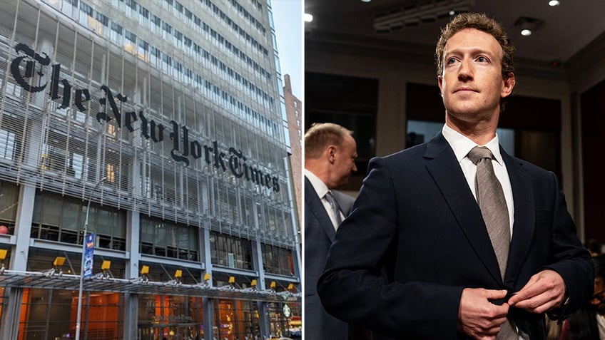 photos arranged of the New York Times building and Mark Zuckerberg