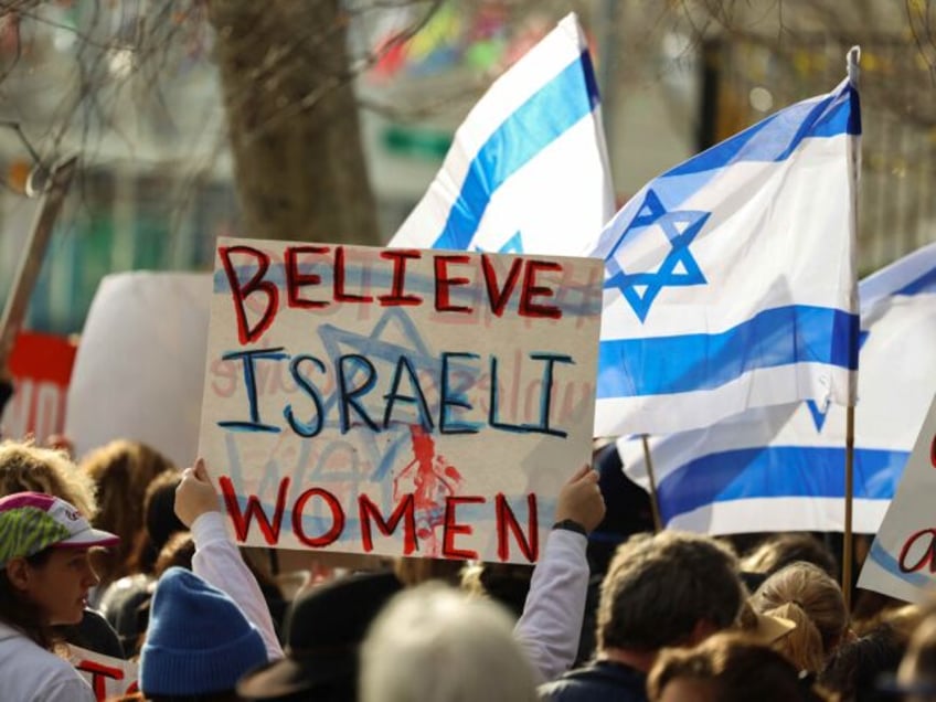 Demonstrators gather during a "#metoo unless you are a Jew" protest outside of United Nations headquarters in New York City on December 4, 2023. Israeli women and legal activists have accused international rights groups of maintaining a conspiracy of silence over alleged rapes and other sexual crimes committed by Hamas …