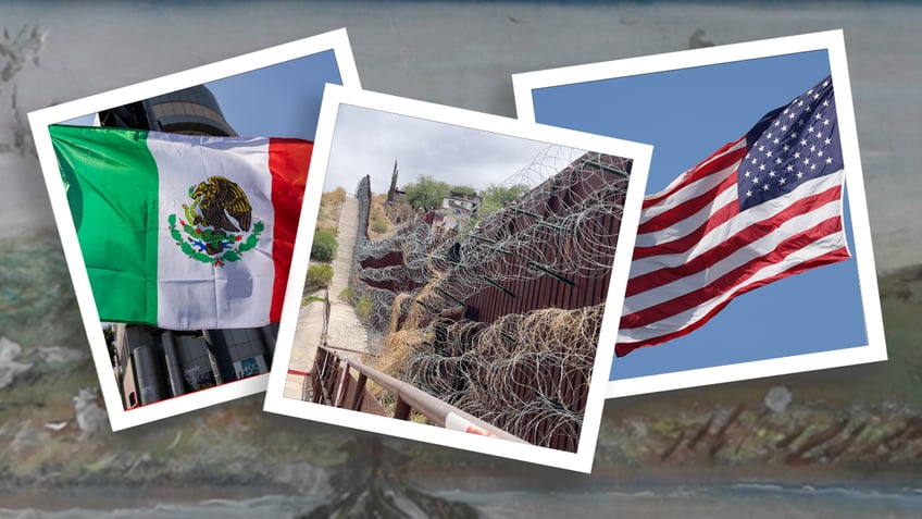 three way split of Mexico flag, picture of the border and USA flag (left to right)
