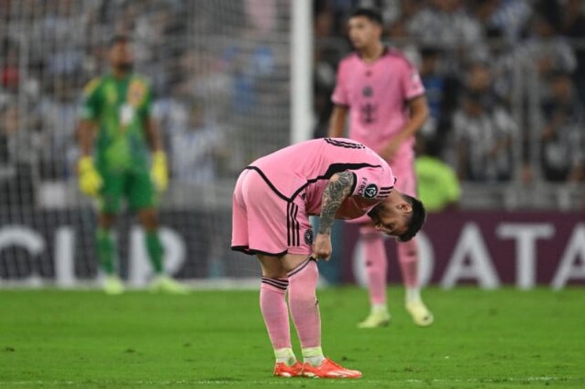 Inter Miami's Lionel Messi reacts after Mexican side Monterrey score to go 2-0 up in their