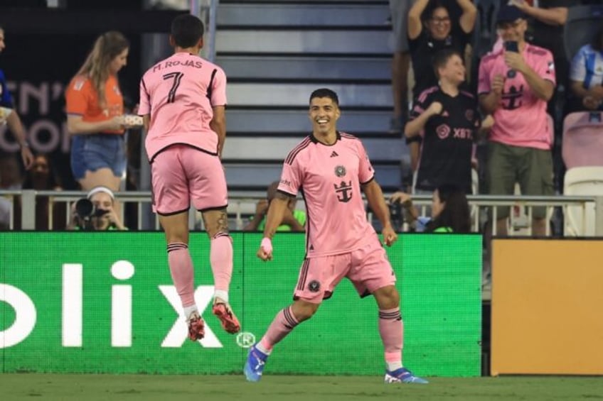 Luis Suarez of Inter Miami celebrates his second goal with Matías Rojas in the 2-0 win ov