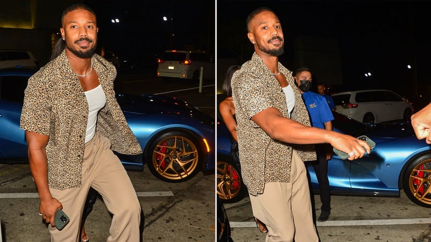 Michael B. Jordan sports khaki ensemble at dinner as blue Ferrari parked in background