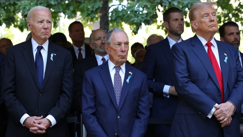 From left to right, President Biden, former NYC Mayor Michael Bloomberg and former President Donald Trump attend the annual 9/11 Commemoration Ceremony at the National 9/11 Memorial and Museum on Sept. 11, 2024 in New York City.