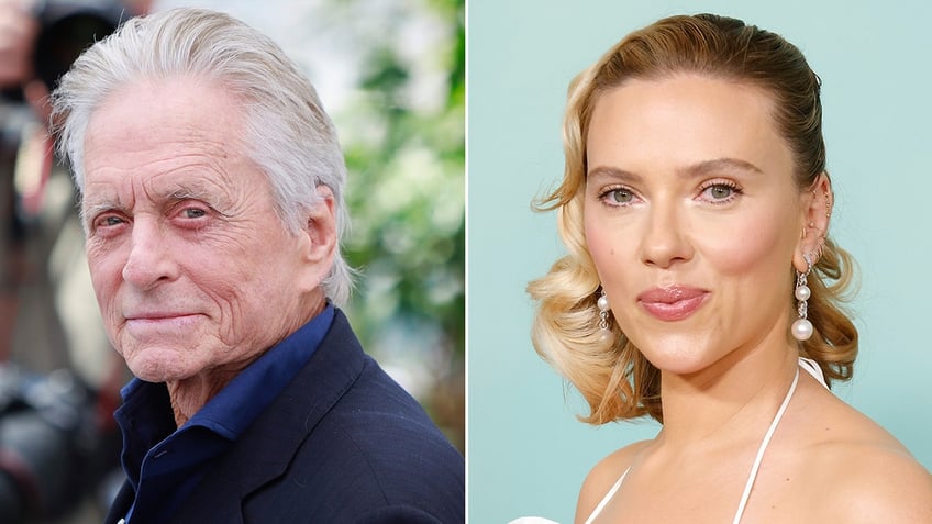 Michael Douglas in a blue blazer and bright blue shirt on the carpet split Scarlett Johansson looking demure on the carpet in white