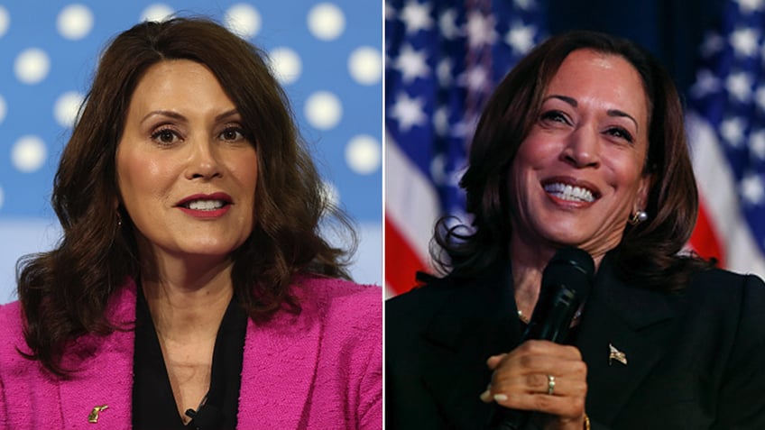 Gretchen Whitmer and Kamala Harris split image