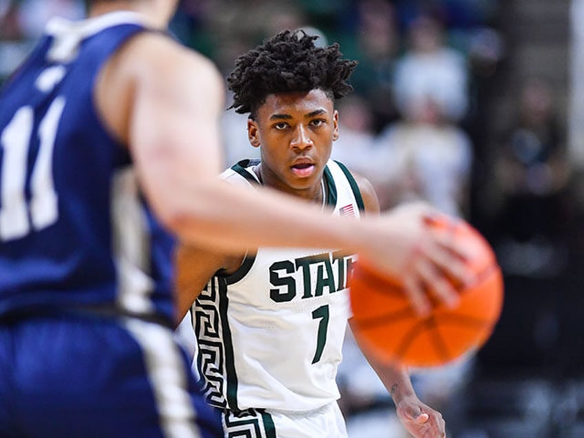 Michigan State Spartans guard Jeremy Fears Jr. (1) focuses on the basketball during a college basketball exhibition game between the Michigan State Spartans and Hillsdale College Chargers on October 25, 2023 at the Breslin Center in East Lansing, MI. (Photo by Adam Ruff/Icon Sportswire via Getty Images)