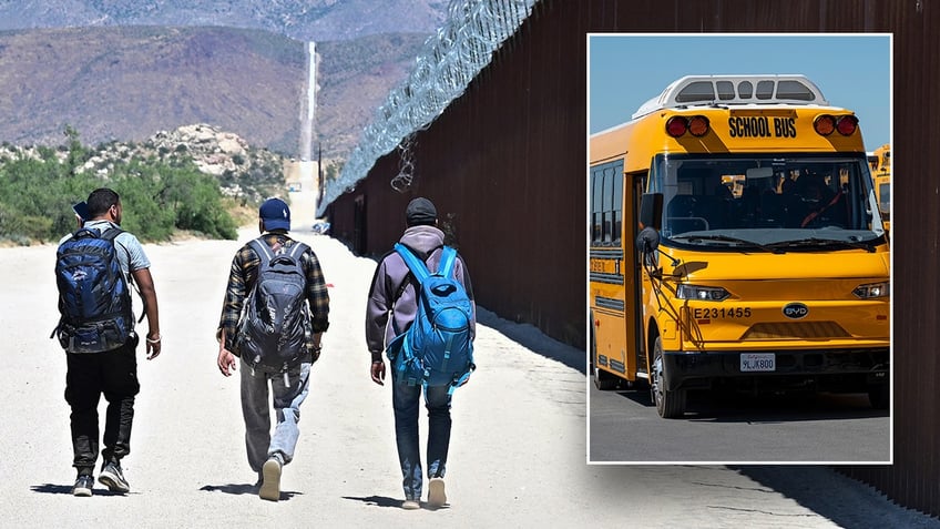 Migrants at the border and a yellow school bus