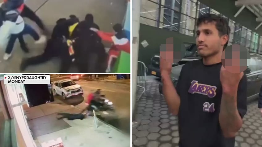 Attack scenes (left) migrant flipping off reporters (right)