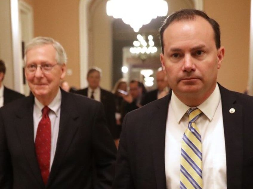 Senate Judiciary Committee member Sen. Mike Lee (R-UT) (R) and Senate Majority Leader Mitch McConnell (R-KY) (C) leave a meeting in McConnell's office in the U.S. Capitol September 24, 2018 in Washington, DC. McConnell and GOP senate leaders met with Republican members of the Judiciary Committee to discuss the latest …