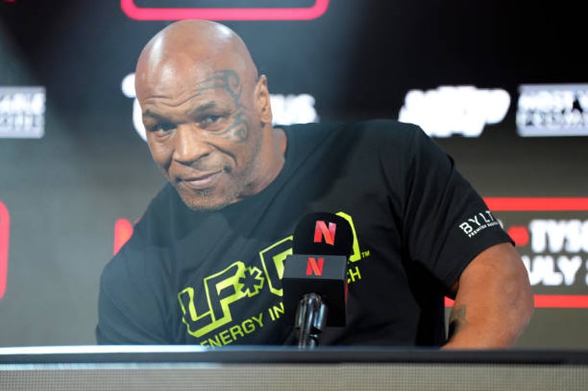 Mike Tyson speaks onstage during the Jake Paul vs. Mike Tyson Boxing match Arlington press conference at Texas Live! on May 16, 2024 in Arlington,...