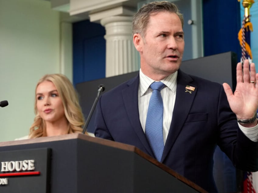 White House national security adviser Mike Waltz speaks with reporters in the James Brady