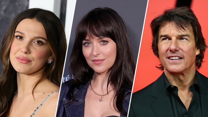 triple split photos of Millie Bobby Brown, Dakota Johnson, Tom Cruise