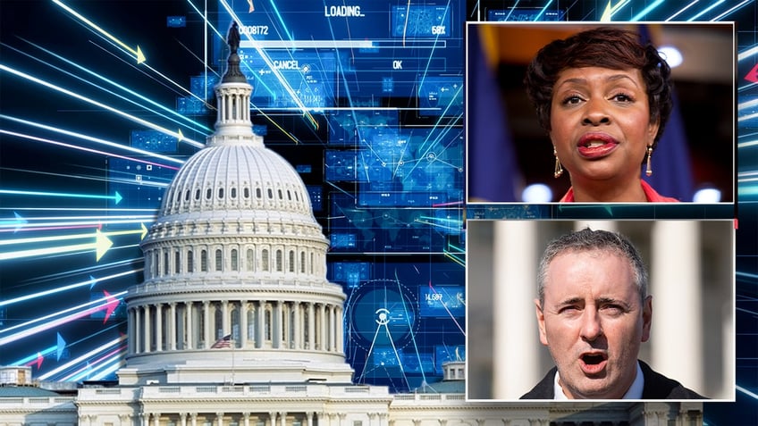 Insets of Reps. Yvette Clarke and Brian Fitzpatrick over the US Capitol