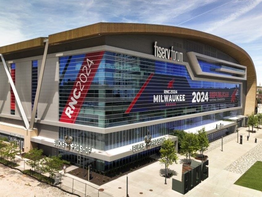 This aerial photo shows Fiserv Forum decorated for the Republican National Convention in M