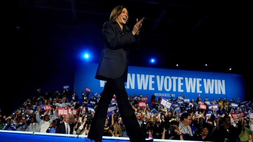 Kamala Harris on stage at rally