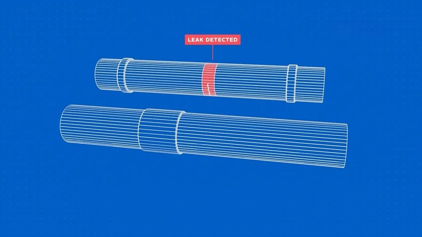 An illustration showing that a Pipebot has found a leak.