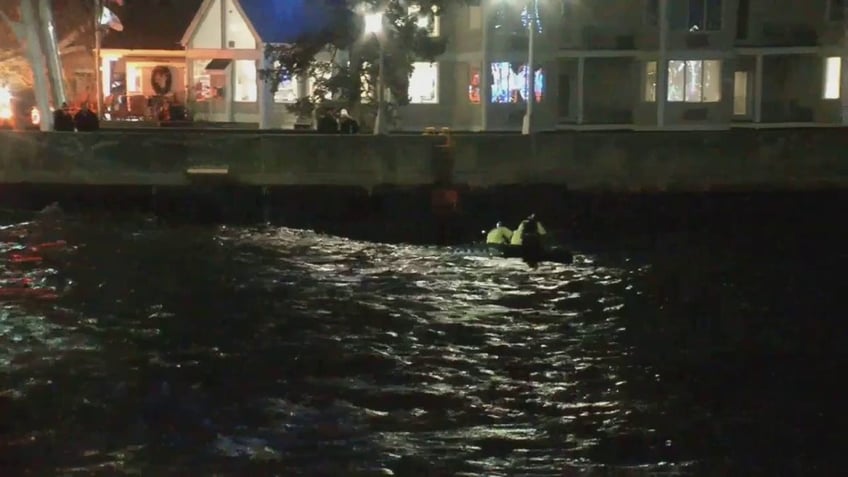 firefighters on boat saving dog