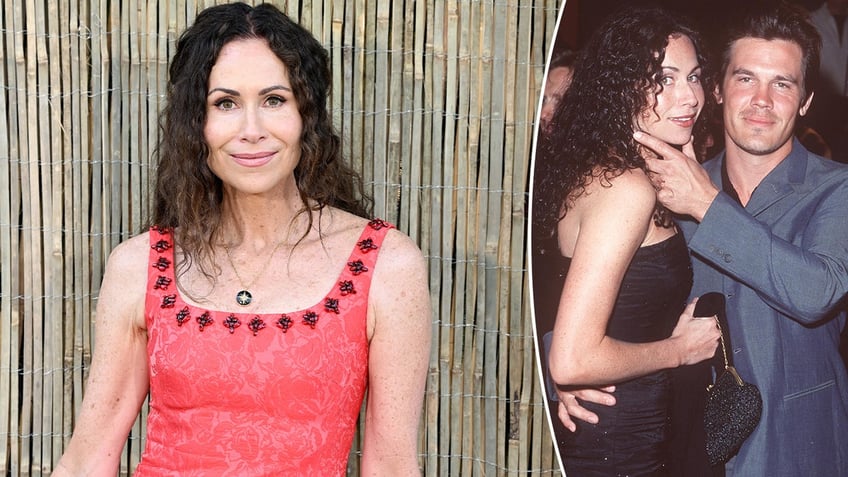 A split image of Minnie Driver now with an old photo of her with Josh Brolin