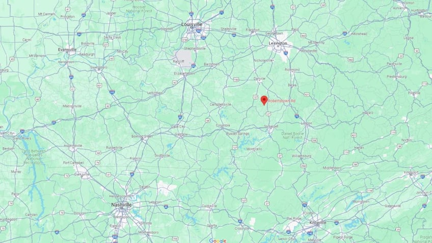 A map pinpointing Robertstown Road, which is about 40 miles south of Lexington.