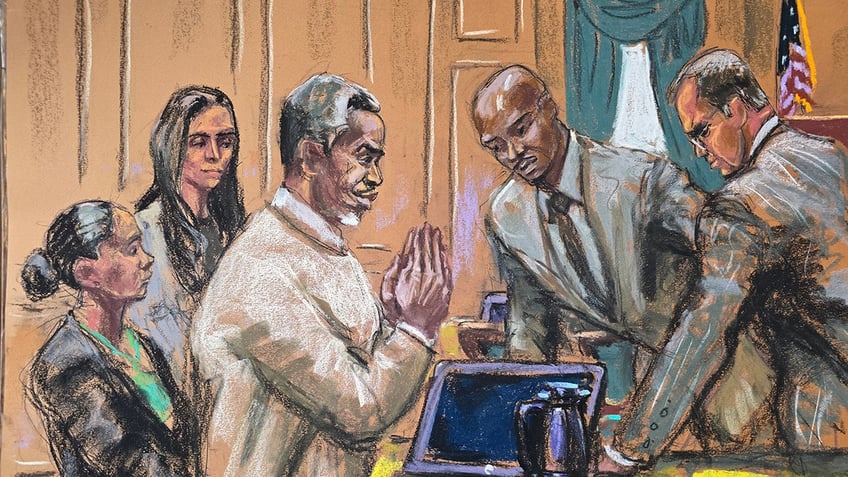 A sketch of P. Diddy in court with his lawyers.