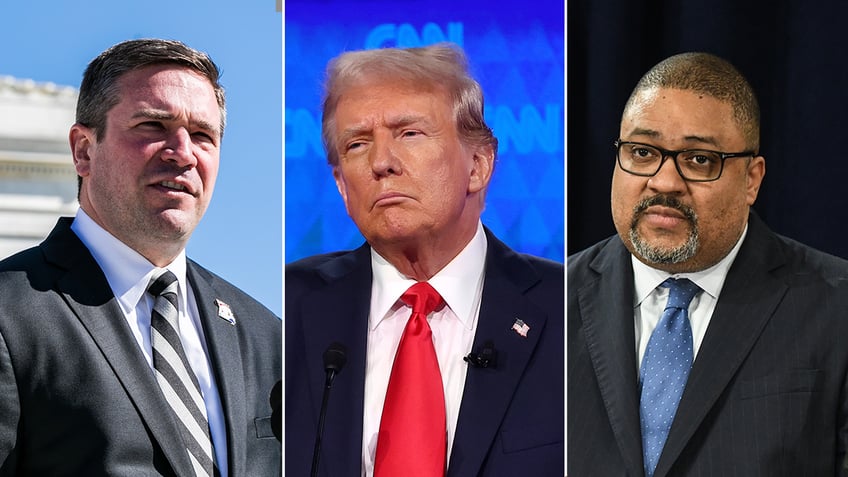 Missouri Attorney General Andrew Bailey (L), Former President Donald Trump (C), and Manhattan District Attorney Alvin Bragg (R)