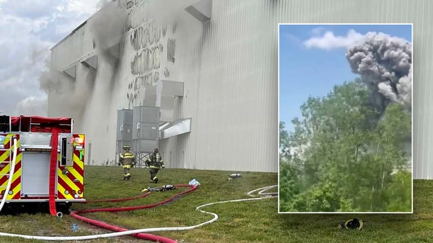 Split image of factory on fire and mushroom cloud