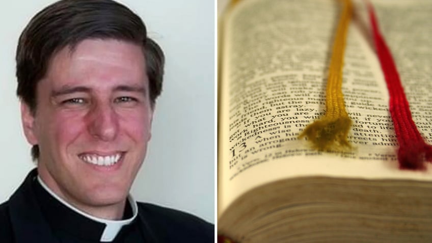 Split image of Fr. David Paternostro, a brunette man wearing a roman collar, and a Bible opened to a page.