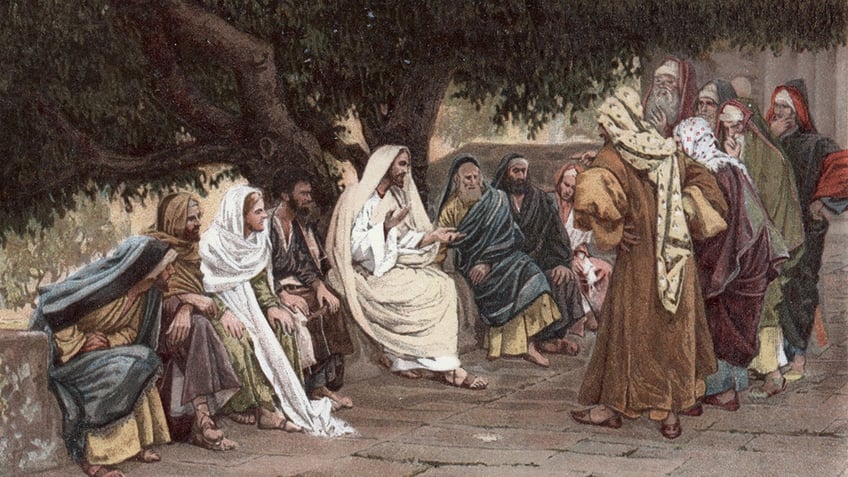 Vintage engraving of Pharisees and Sadducees come to tempt Jesus, by James Tissot