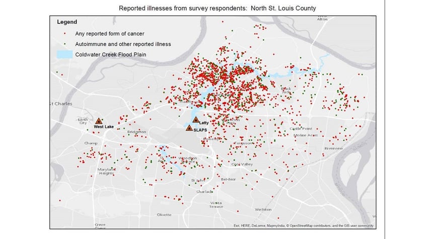 A map showing areas where people got sick