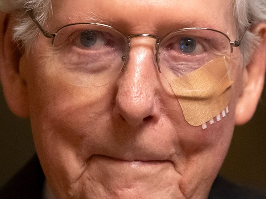 Senate Minority Leader Mitch McConnell of Ky. wears a bandage on his face as he walks to c